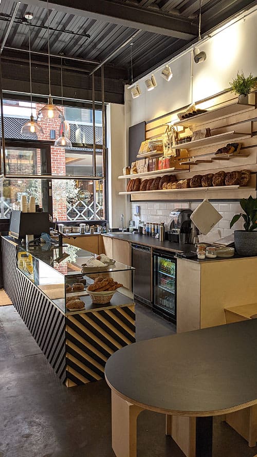 A modern cafe with houseplants on display