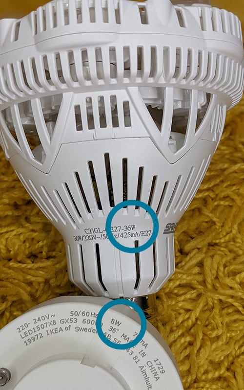 A 36 watt bulb and a 8 watt bulb