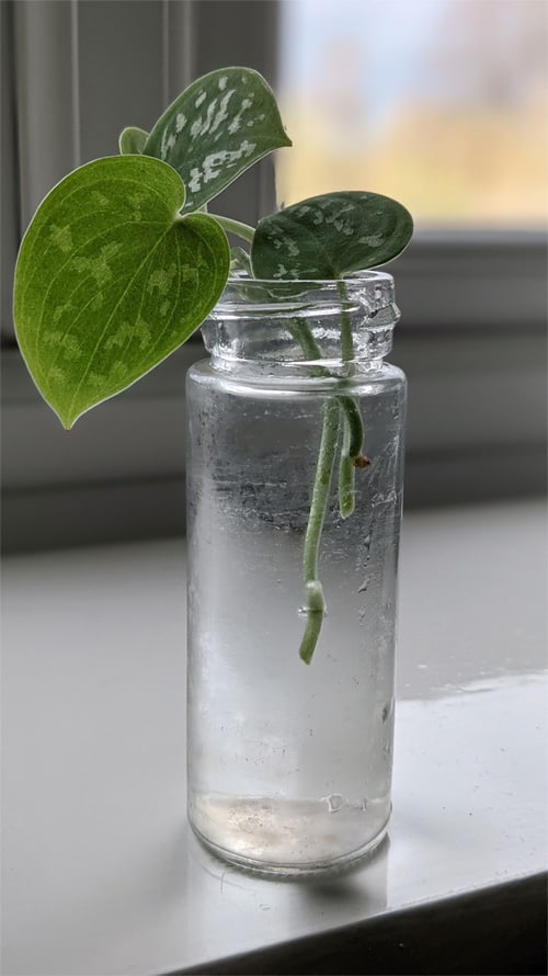 Two cuttings growing in a small jar filled with water